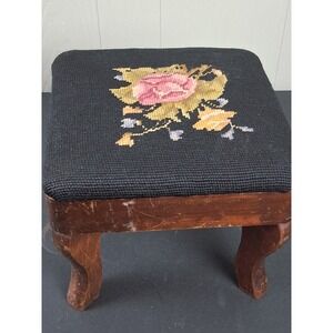 Vintage Victorian Needlepoint Stool Black Floral Wood Square French Country 9x9"